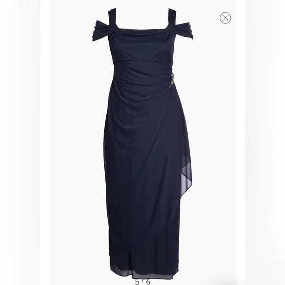 Alex Evenings | Dresses | Alex Evenings Embellished Cold Shoulder Navy Draped  Chiffon Ruched Gown6wnwt | Poshmark